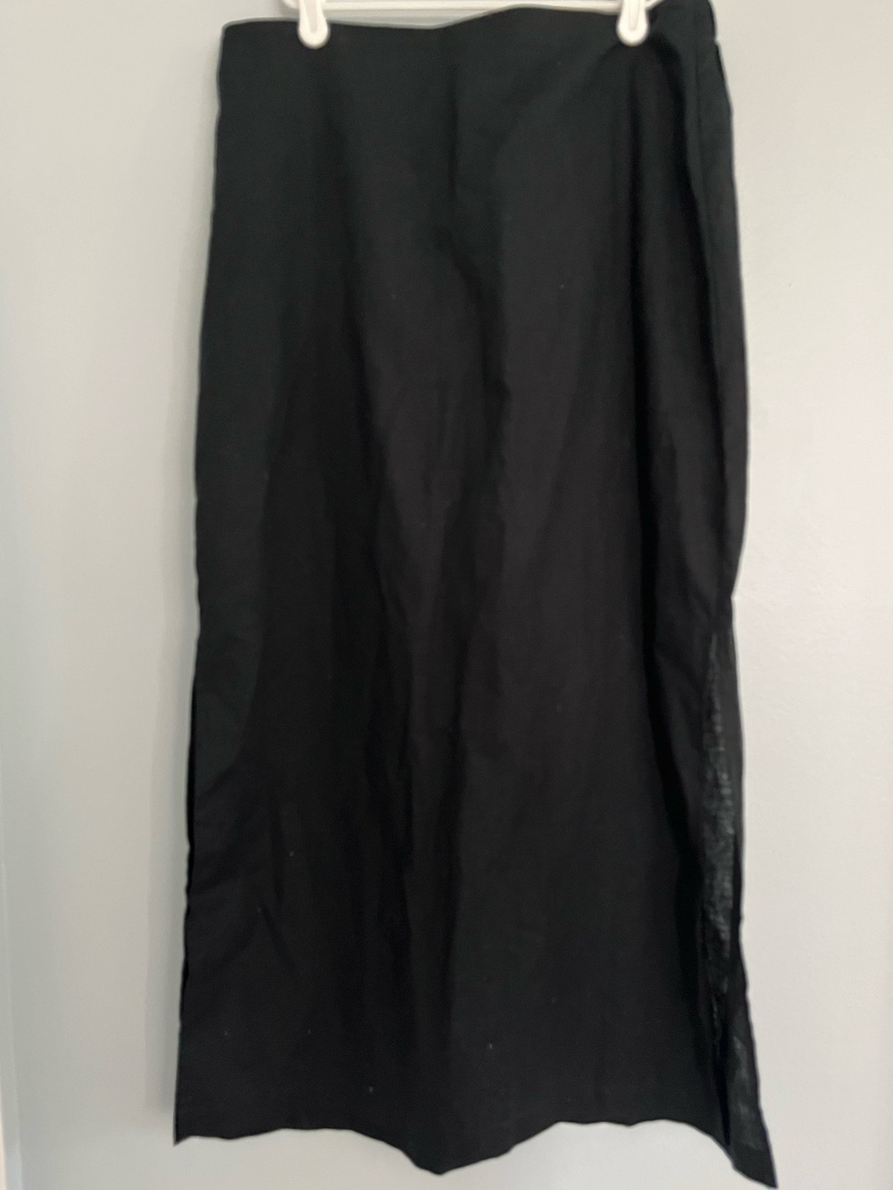 Black Linen Cotton Blend Side Slit Midi Skirt